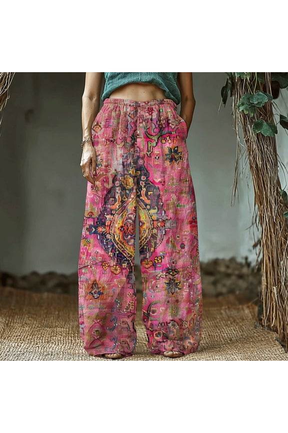 Women's Retro Print Cotton and Linen Elastic Waist Bohemian Leaf Casual Trouser Pants with Pocket