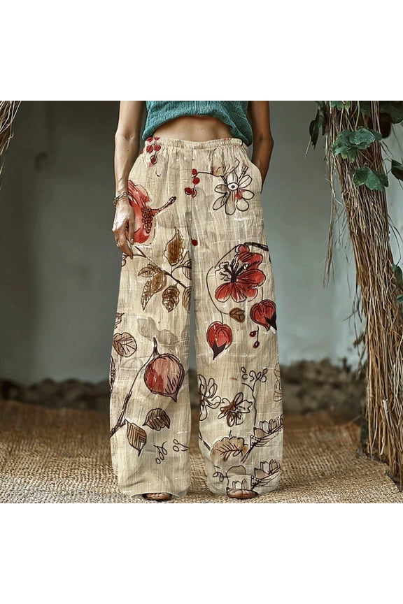 Women's Retro Print Cotton and Linen Elastic Waist Bohemian Leaf Casual Trouser Pants with Pocket