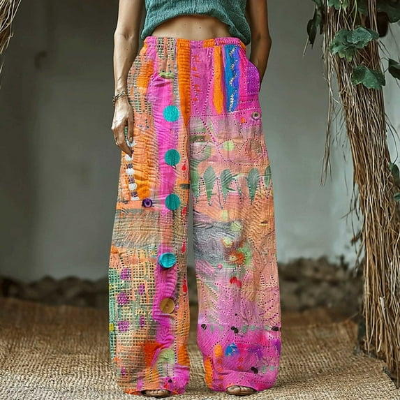 Bzhegqhd Women's Retro Print Cotton and Linen Elastic Waist Bohemian Leaf Casual Trouser Pants with Pocket