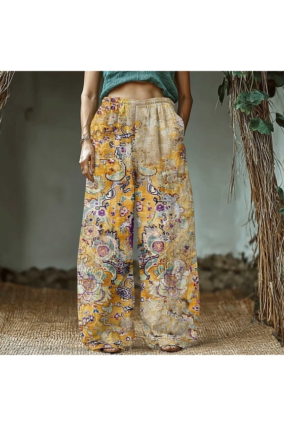 Women's Retro Print Cotton and Linen Elastic Waist Bohemian Leaf Casual Trouser Pants with Pocket