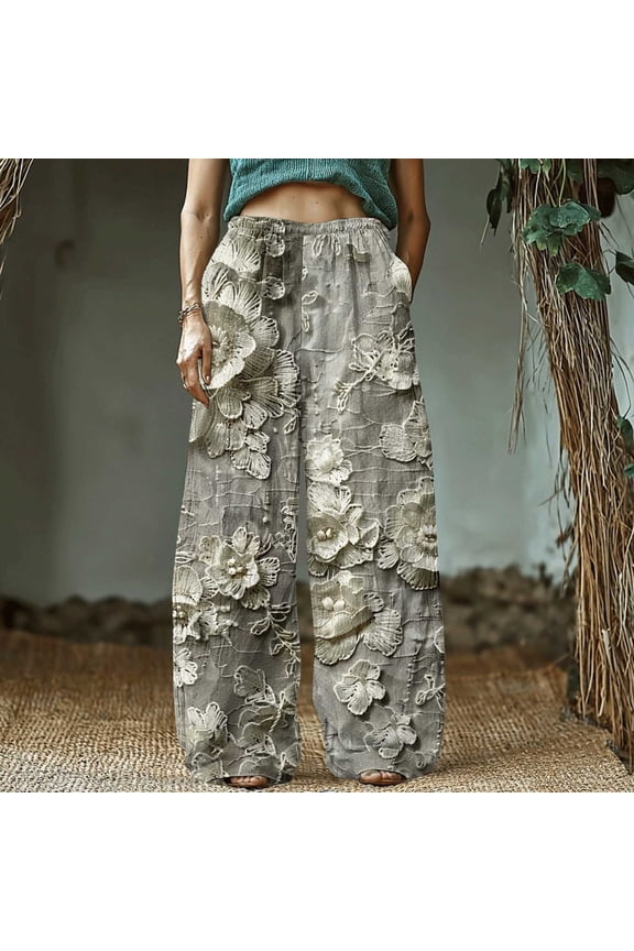 Women's Retro Print Cotton and Linen Elastic Waist Bohemian Leaf Casual Trouser Pants with Pocket