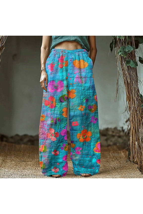 Women's Retro Print Cotton and Linen Elastic Waist Bohemian Leaf Casual Trouser Pants with Pocket