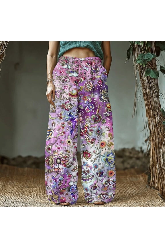 Women's Retro Print Cotton and Linen Elastic Waist Bohemian Leaf Casual Trouser Pants with Pocket