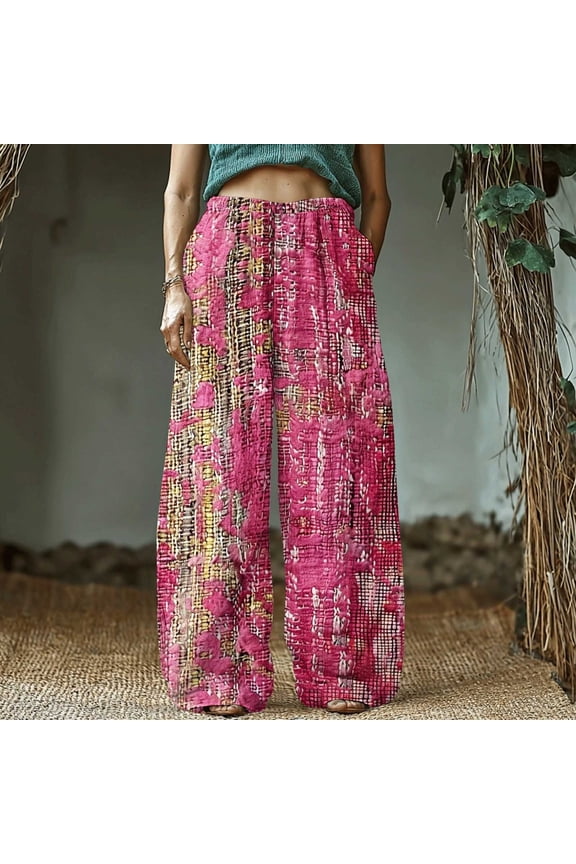 Women's Retro Print Cotton and Linen Elastic Waist Bohemian Leaf Casual Trouser Pants with Pocket