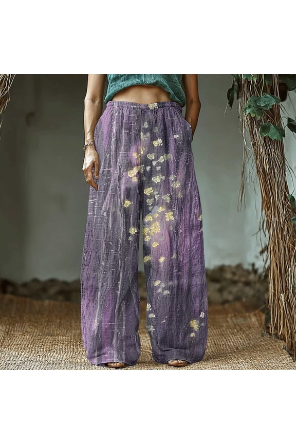 Women's Retro Print Cotton and Linen Elastic Waist Bohemian Leaf Casual Trouser Pants with Pocket