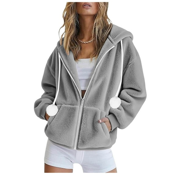 Bzhegqhd Women's Reversible Plush Hooded Zip Up Jacket Long Sleeve Winter Warm Casual Outerwear Fall Fashion Blouse Top