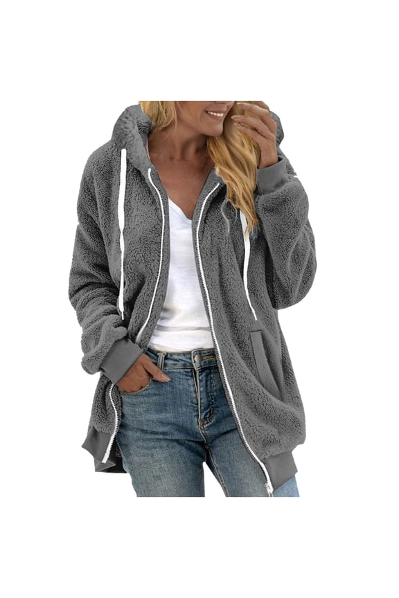 Women's Reversible Plush Zip Up Hooded Jacket Warm Winter Fleece Lined Long Sleeve Casual Cold Weather Coat