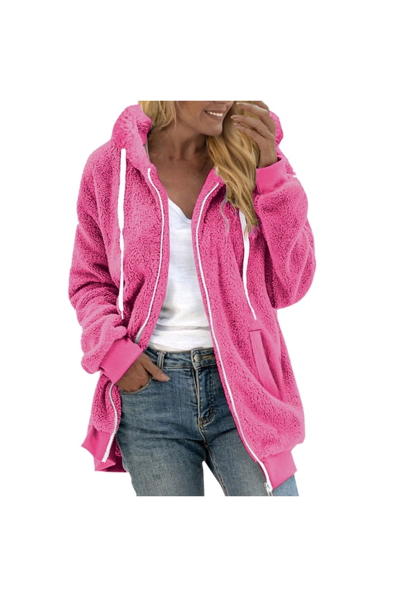 Women's Reversible Plush Zip Up Hooded Jacket Warm Winter Fleece Lined Long Sleeve Casual Cold Weather Coat