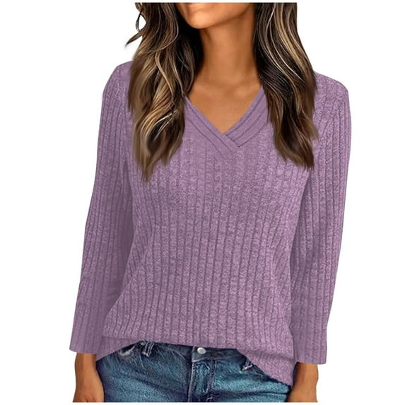 Bzhegqhd Women's Ribbed V-Neck Long Sleeve T-Shirts Basic Stretch Solid Color Casual Top Comfortable Daily Wear Shirt for Women