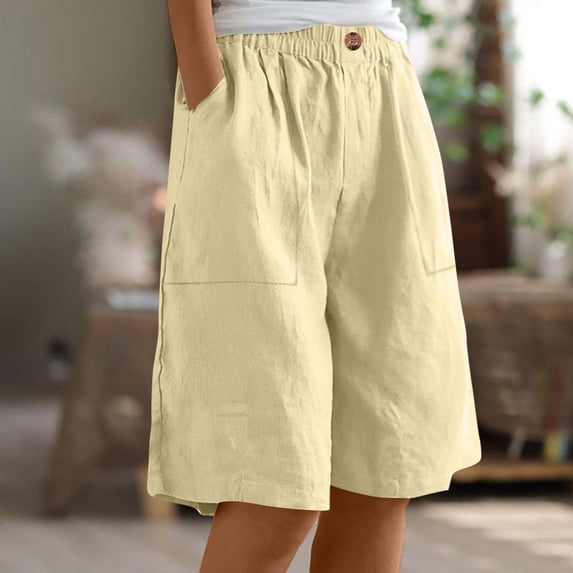 Bzhegqhd Women's Solid Color Half Shorts Pants Summer Elastic Waist Buttons Casual Pockets Pants