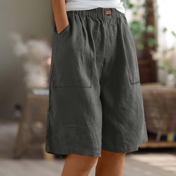 Bzhegqhd Women's Solid Color Half Shorts Pants Summer Elastic Waist Buttons Casual Pockets Pants