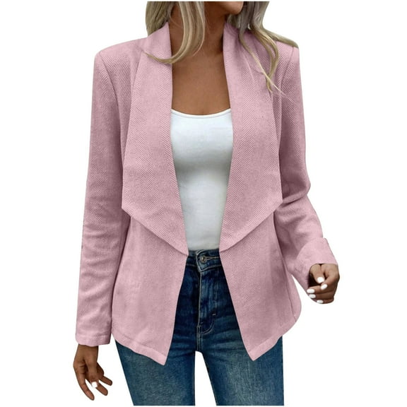 Bzhegqhd Women's Solid Color Tweed Jacket Fall Winter Textured Lapel Collar Open Front Wool Blend Casual Chic Coat with Pocket