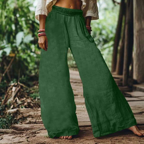 Bzhegqhd Women's Solid Elastic Waistband Cotton and Linen Boho Cropped Wide-leg Casual Trouser Pants with Pocket