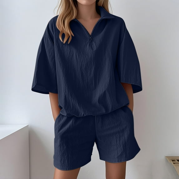 Bzhegqhd Women's Summer Casual Solid Color Short Sleeved Shorts Two-piece Set