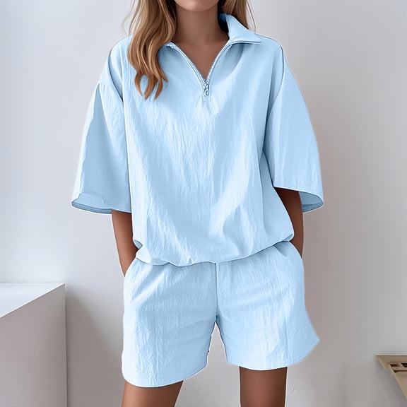 Bzhegqhd Women's Summer Casual Solid Color Short Sleeved Shorts Two-piece Set