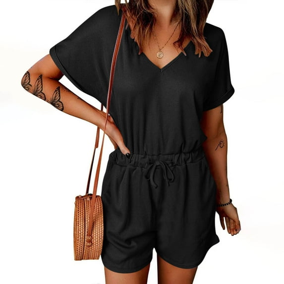 Bzhegqhd Women's Summer Short Sleeved Strap Casual Solid Color Jumpsuit