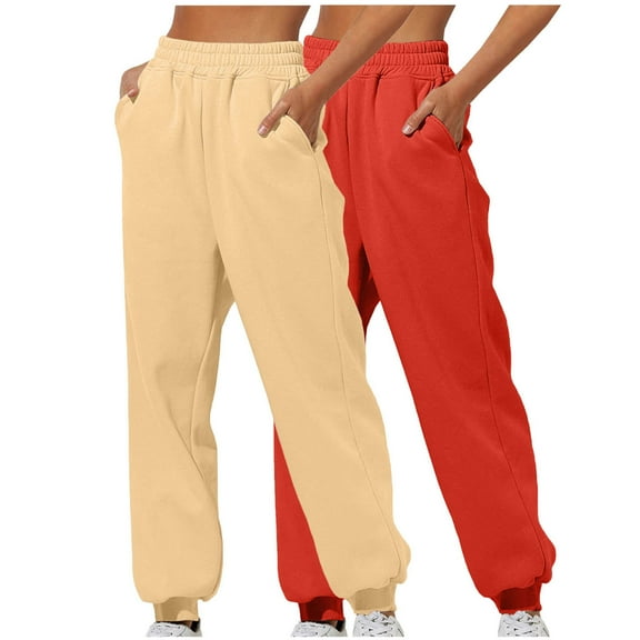 Bzhegqhd Women's Sweatpants 2 Pack Joggers Casual Soft Lounge Pants Solid Color Elastic Cuff Ankle with Drawstring Waist Loose Fit Home Wear thermal Pajama Bottoms for Women