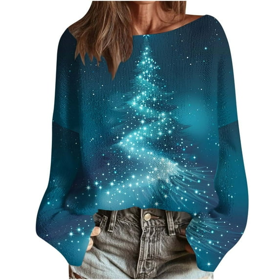 Bzhegqhd Women's Sweatshirts Christmas Printed Knit Sweater Long Sleeve Round Neck Pullover Boho Style Blouse Loose Fit Casual Top Fall Winter 2025 Fashion Gift