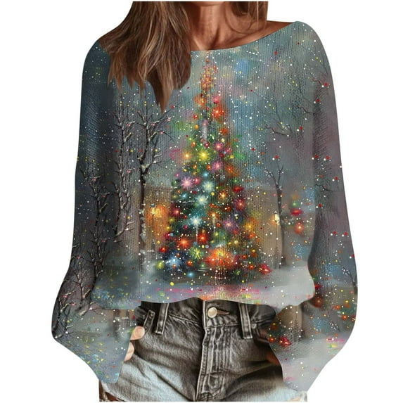 Bzhegqhd Women's Sweatshirts Christmas Printed Knit Sweater Long Sleeve Round Neck Pullover Boho Style Blouse Loose Fit Casual Top Fall Winter 2025 Fashion Gift