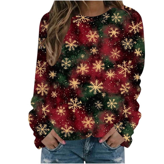Bzhegqhd Women's Sweatshirts Christmas Printed T-shirts Long Sleeve Crewneck Top Hoodless Pullover Loose Fit Casual Warm Soft Fleece Fall Winter Fashion Daily Wear Holiday