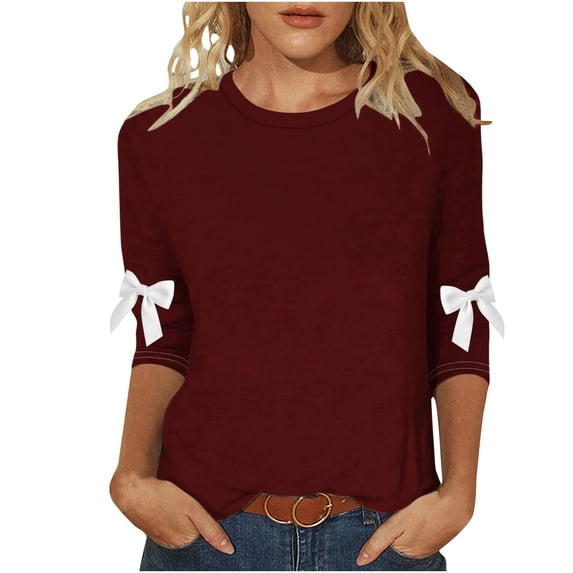 Bzhegqhd Women's T-Shirts Bow Knot 3/4 Sleeve Round Neck Loose Fit Blouse Casual Large Size Top Soft Comfortable Daily Basic Tunic Tee