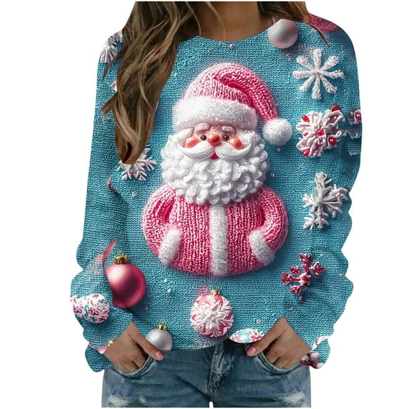Bzhegqhd Women's T-shirts Christmas Print Sweatshirts Long Sleeve Round Neck Pullover Top No Hood Loose Fit Casual Fashion Blouse Plush Soft Fleece Fall Winter Tee