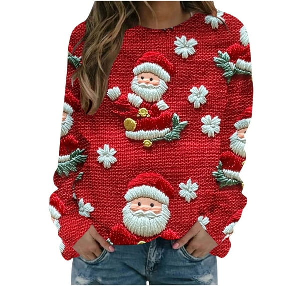Bzhegqhd Women's T-shirts Christmas Print Sweatshirts Long Sleeve Round Neck Pullover Top No Hood Loose Fit Casual Fashion Blouse Plush Soft Fleece Fall Winter Tee