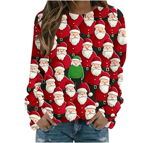 Bzhegqhd Women's T-shirts Christmas Print Sweatshirts Long Sleeve Round Neck Pullover Top No Hood Loose Fit Casual Fashion Blouse Plush Soft Fleece Fall Winter Tee