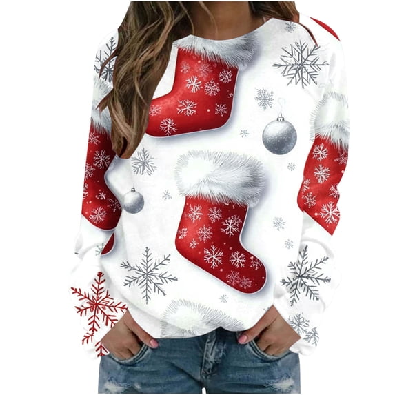 Bzhegqhd Women's T-shirts Christmas Print Sweatshirts Long Sleeve Round Neck Pullover Top No Hood Loose Fit Casual Fashion Blouse Plush Soft Fleece Fall Winter Tee