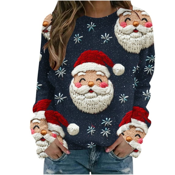 Bzhegqhd Women's T-shirts Christmas Print Sweatshirts Long Sleeve Round Neck Pullover Top No Hood Loose Fit Casual Fashion Blouse Plush Soft Fleece Fall Winter Tee