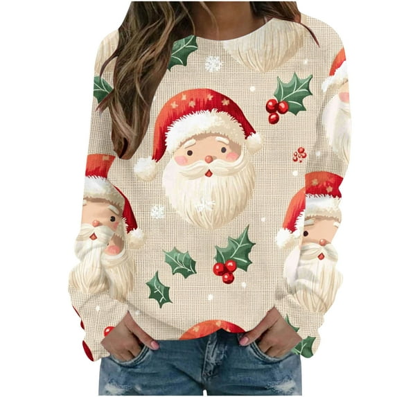 Bzhegqhd Women's T-shirts Christmas Print Sweatshirts Long Sleeve Round Neck Pullover Top No Hood Loose Fit Casual Fashion Blouse Plush Soft Fleece Fall Winter Tee