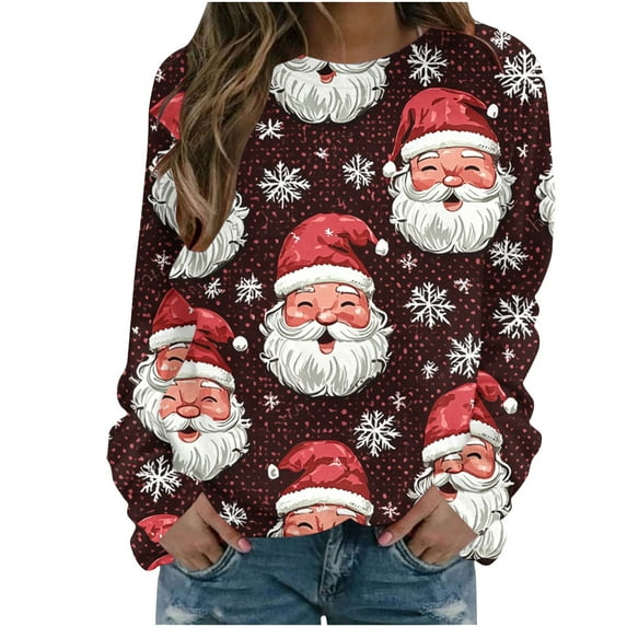 Bzhegqhd Women's T-shirts Christmas Print Sweatshirts Long Sleeve Round Neck Pullover Top No Hood Loose Fit Casual Fashion Blouse Plush Soft Fleece Fall Winter Tee