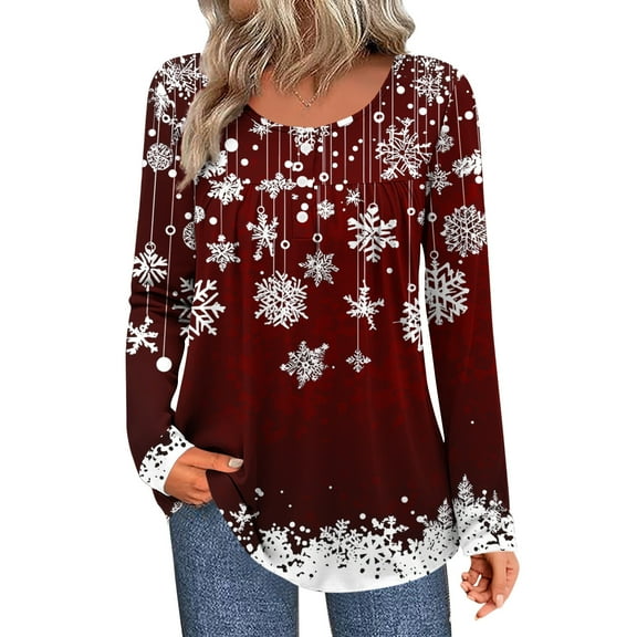 Bzhegqhd Women's Tees Abstract Print Ruffled Button Detail T-Shirt Long Sleeve Round Neck Pullover Blouse Loose Fit Bohemian Style Top Casual Chic Wear