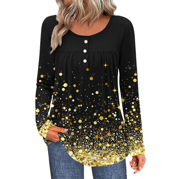 Bzhegqhd Women's Tees Abstract Print Ruffled Button Detail T-Shirt Long Sleeve Round Neck Pullover Blouse Loose Fit Bohemian Style Top Casual Chic Wear