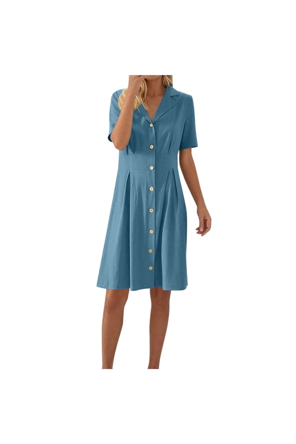 Womens A-Line Dresses Linen Blend Short Sleeve Shift Dress Solid Color Turn Down Collar Button Down Casual Breathable Summer Day Dress with Pockets