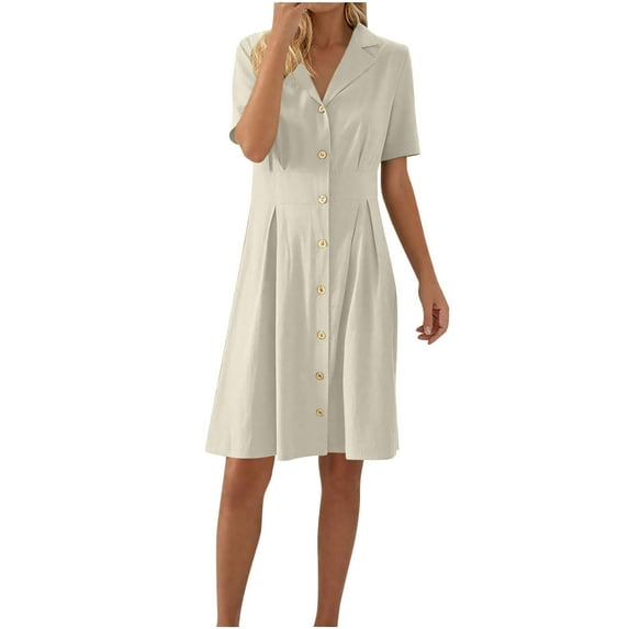 Bzhegqhd Womens A-Line Dresses Linen Blend Short Sleeve Shift Dress Solid Color Turn Down Collar Button Down Casual Breathable Summer Day Dress with Pockets