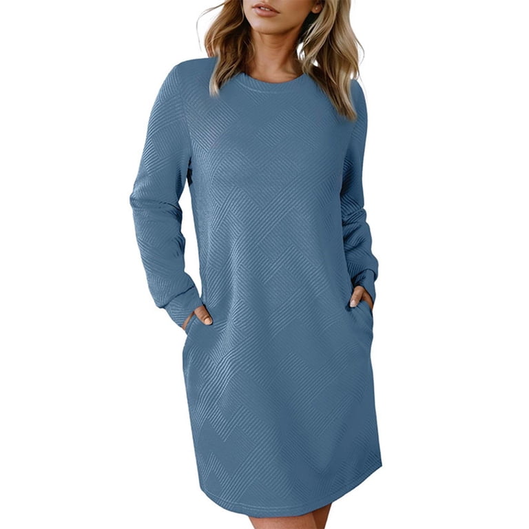 navy blue dress for baby girl Bzhegqhd Womens Casual Shift Dresses Long Sleeve Round Neck Solid Color  Pocket Detail Tunic Sweater Dress Fall Winter Machine Washable Day Dress