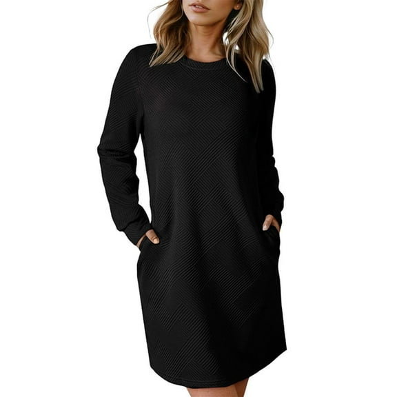 Bzhegqhd Womens Casual Shift Dresses Long Sleeve Round Neck Solid Color Pocket Detail Tunic Sweater Dress Fall Winter Machine Washable Day Dress