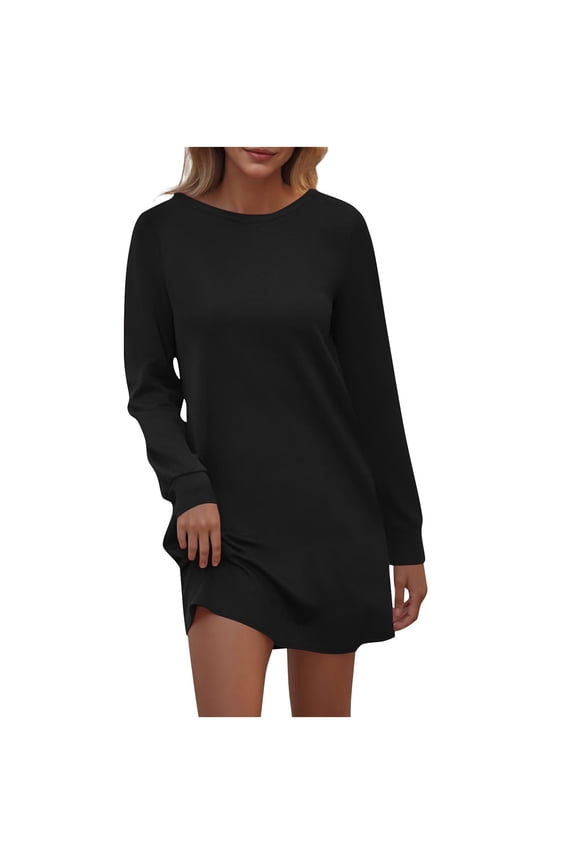 Womens Casual Sweatshirt Dresses Long Sleeve Round Neck Solid Color Terry Fleece Jumper Dress with Back Pleats and Pocket Sleeves Lounge Streetwear