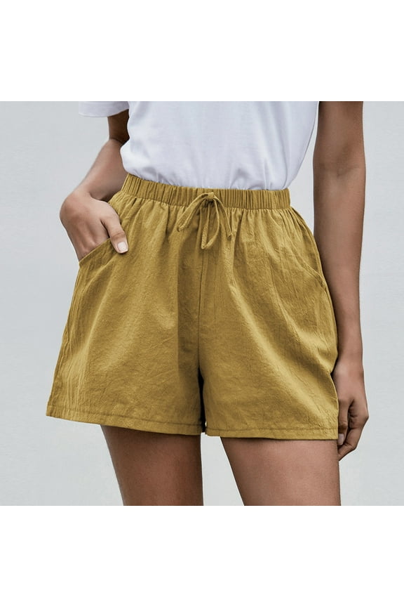 Womens Drawstring Shorts with Pockets,Women's Loose Wide Leg High Waist Straight Casual Cotton Linen Shorts