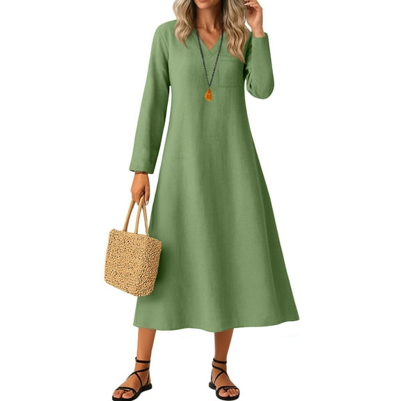 Bzhegqhd Womens Dresses Casual V-Neck Long Sleeve Dress Solid Color Everyday Comfort Knit Tunic Lounge Around House Dress Stretchy Bodycon Midi Length