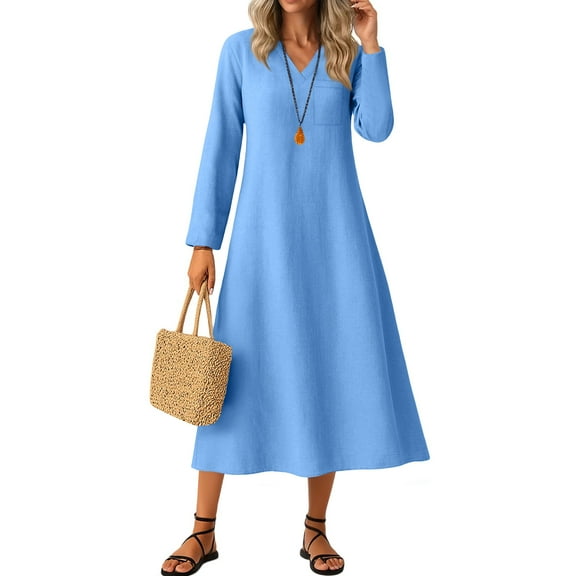 Bzhegqhd Womens Dresses Casual V-Neck Long Sleeve Dress Solid Color Everyday Comfort Knit Tunic Lounge Around House Dress Stretchy Bodycon Midi Length