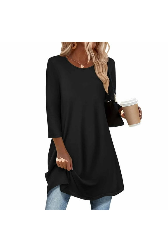 Womens Dresses Fashion Curved Hem Long Tunic Top 3/4 Sleeve Blouse Crew Neck Pullover Shirt for Women Fall Winter Casual Streetwear Style Layering Tops