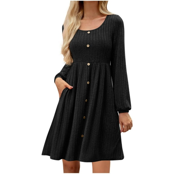 Bzhegqhd Womens Dresses Solid Color Long Sleeve Dress Round Neck Button Down Shirt with Pockets Ribbed Texture Brushed thermal Casual Winter Mini Dress