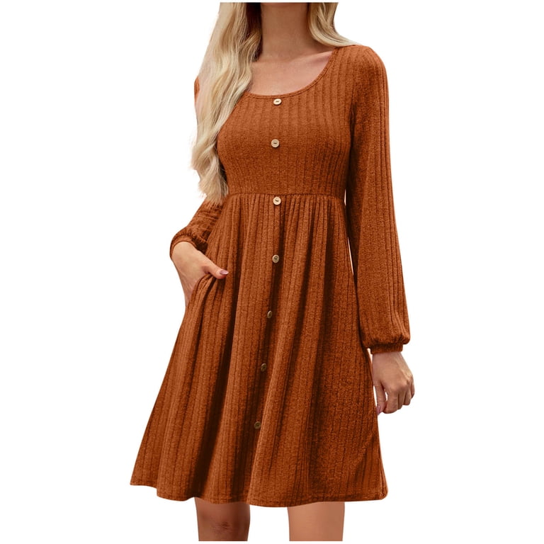 Bzhegqhd Womens Dresses Solid Color Long Sleeve Dress Round Neck Button  Down Shirt with Pockets Ribbed Texture Brushed thermal Casual Winter Mini  Dress - Walmart.com