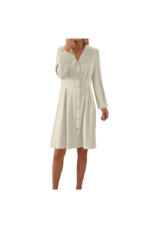Womens Long Sleeve Shirt Dress Solid Color Linen Cotton Blend Button Down Dress with Belt Turn Down Collar Fall Spring office Work Dress Casual Chic