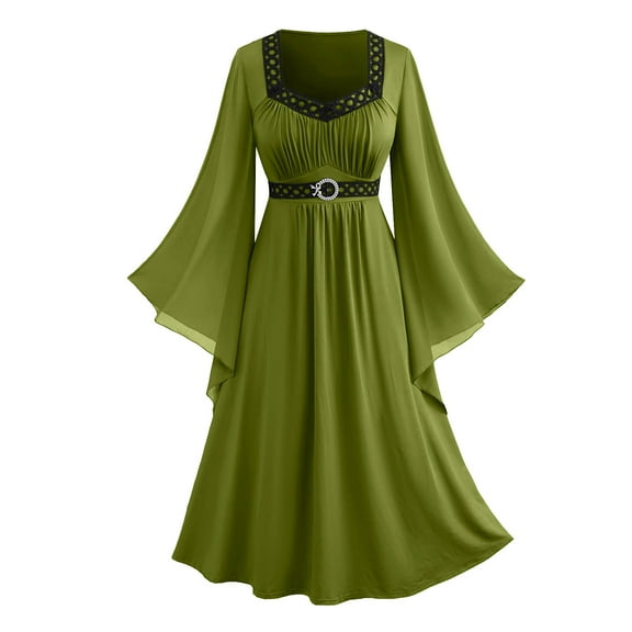 Bzhegqhd Womens Plus Size Medieval Dress Renaissance Corset Gown Halloween Costume Long Sleeve Square Neck Mesh Lace Up Back Gothic Vintage Maxi Dress