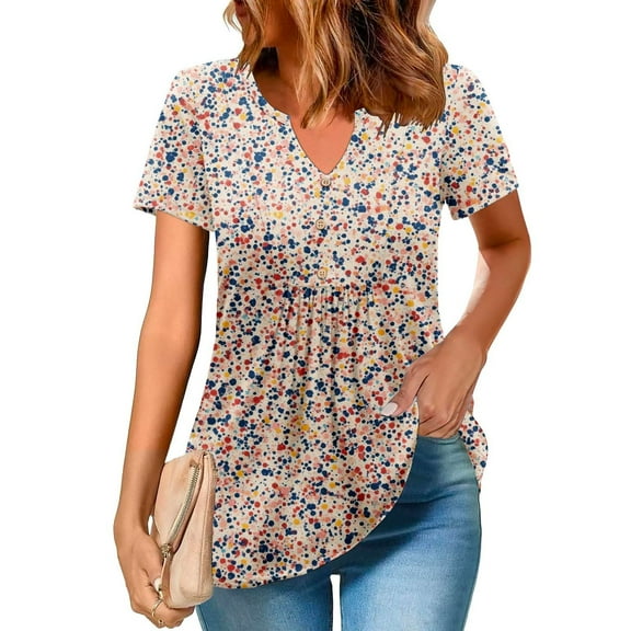 Bzhegqhd Womens Print Short Sleeve Top Summer Button V-Neck Tshirts Casual Pleated Blouse Dressy Loose Floral Basic Tee