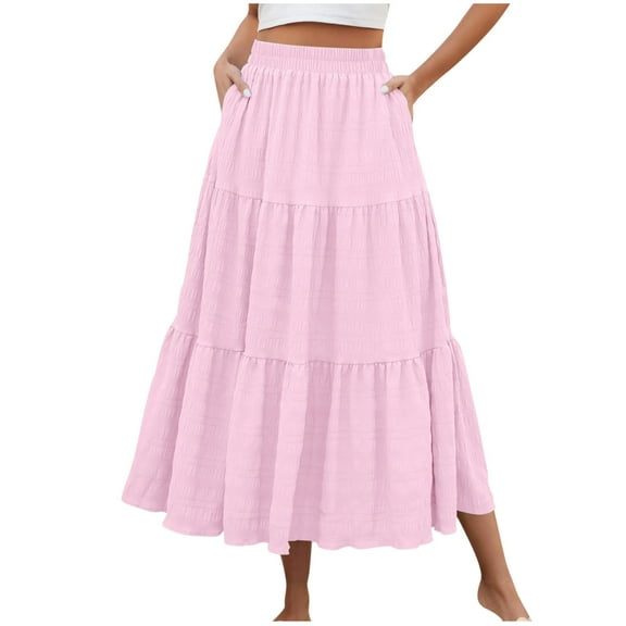 Bzhegqhd Womens Skirts High Waisted Long Maxi Solid Color Flowy Beach Casual Elastic Waistband with Pockets A-Line Summer Skirt for Women Boho Vacation Skirt