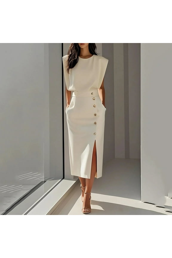 Womens Solid Color Shift Midi Dresses Round Neck Short Sleeve Work office Dress with Pockets Elegant Party Guest Cocktail Dress Transitional Fall Spring